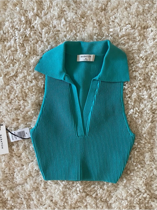 Babaton Tops - Aritzia Babaton Turquoise Sculpt Sleeveless Ribbed Polo Crop Top